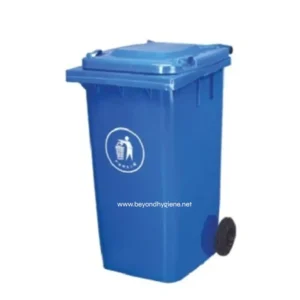 Blue wheeled trash bin for waste disposal at Beyond Hygiene Asia, sanitation solutions, waste management services in Southeast Asia.
