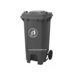 Black wheeled trash bin for waste disposal, suitable for commercial hygiene and sanitation purposes in Asia.