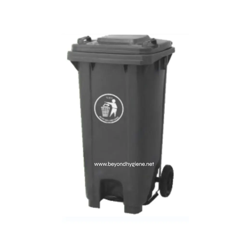 UGA-CB003FPGRAY-600x848 Black wheeled trash bin for waste disposal, suitable for commercial hygiene and sanitation purposes in Asia.