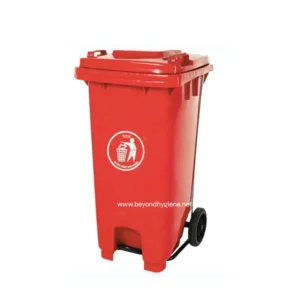 Red waste disposal bin with wheels, designed for waste management and hygiene in commercial or public spaces, promoting cleanliness and waste separation.