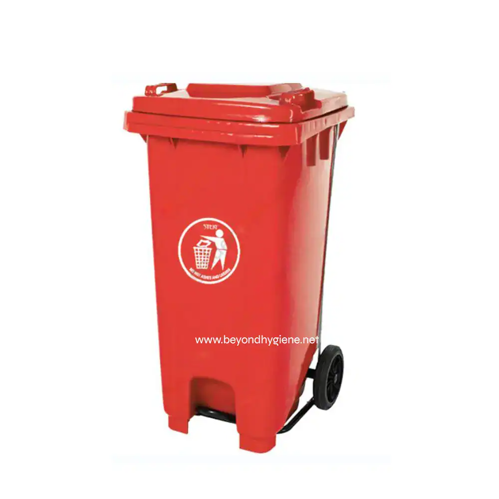 UGA-CB003FPRED-WW-2 Red waste disposal bin with wheels, designed for waste management and hygiene in commercial or public spaces, promoting cleanliness and waste separation.