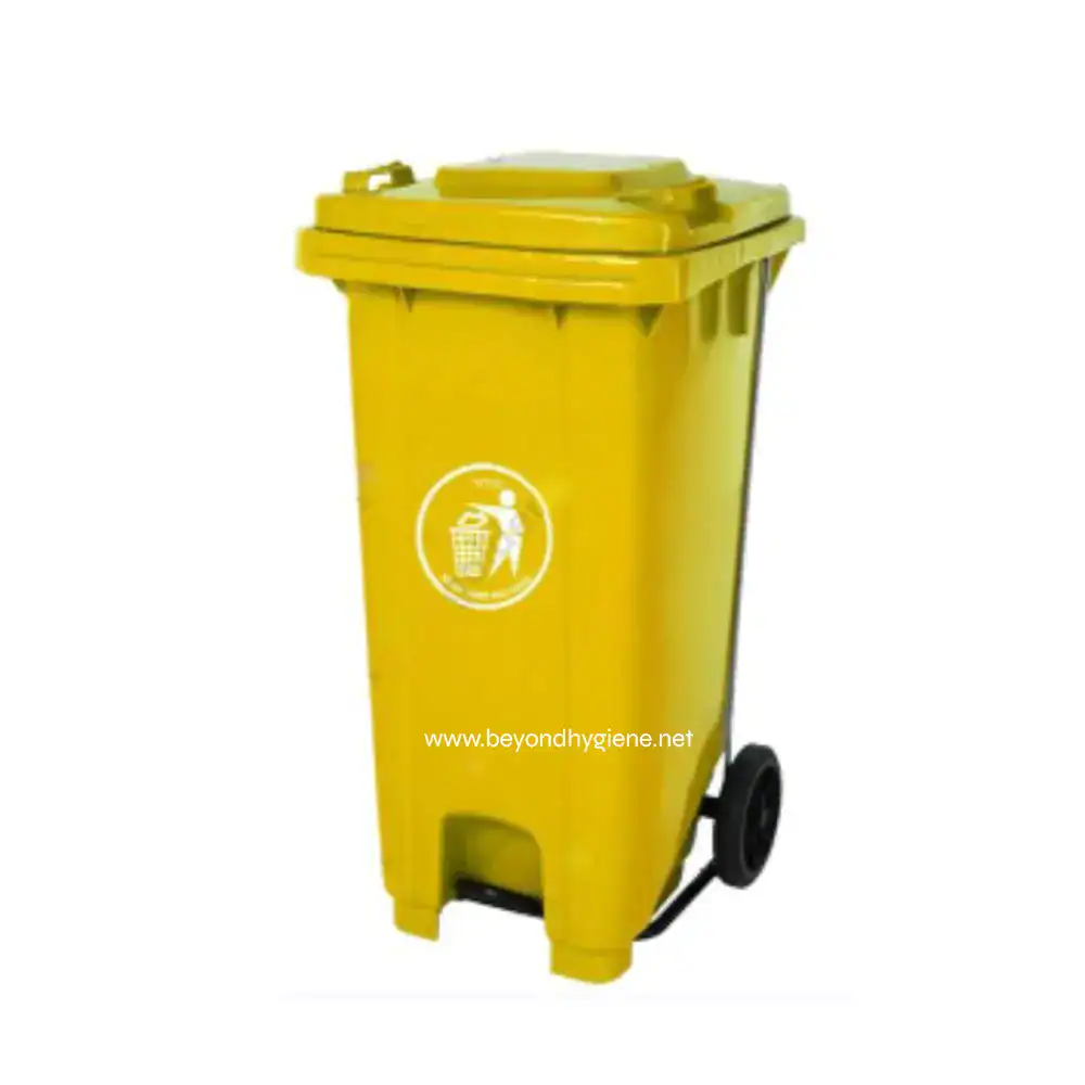 UGA-CB003FPYEL-WW-3-600x849 Yellow wheeled plastic waste bin with lid, used for waste disposal and sanitation hygiene practices. Comprehensive waste management solution for commercial and industrial cleaning.