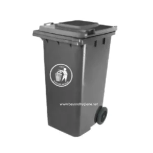 Wheelie bin for waste disposal with Beyond Hygiene Asia branding, ideal for sanitation and hygiene management.