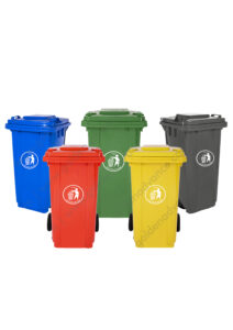 Blue, red, green, yellow, and black recycling bins for waste separation and sanitation management at Beyond Hygiene Asia.