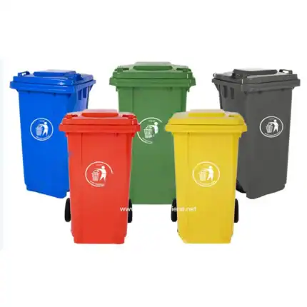 Blue, green, black, red, and yellow recycling bins for waste sorting and recycling solutions from Beyond Hygiene Asia.