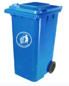 Blue waste disposal bin with wheels for efficient waste management and hygiene solutions.