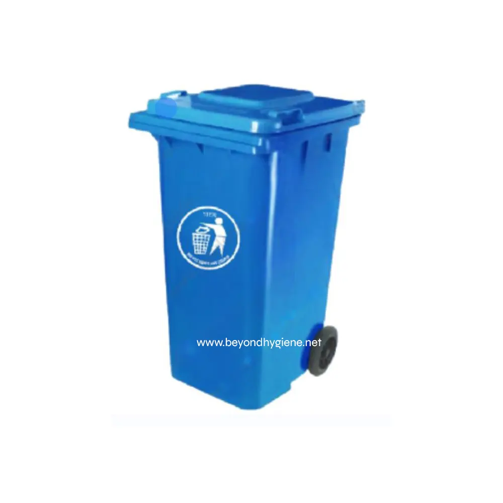 Blue waste bin for hygiene disposal, automatic trash can for waste management, Beyond Hygiene Asia sanitation waste container, durable plastic trash receptacle, ideal for commercial and public cleaning standards.