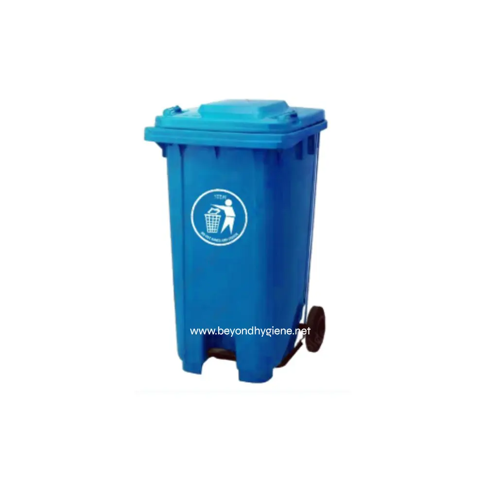 UGA-CB004FP (2) Blue waste bin with wheels for sanitation and recycling in Asia, hygiene, public health cleanup, and waste management solutions by Beyond Hygiene Asia.