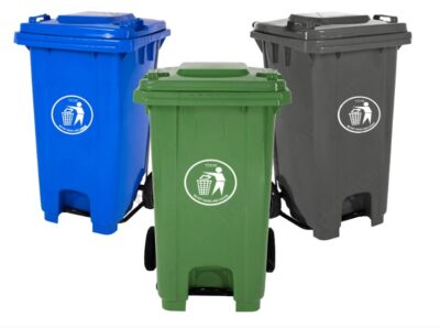 Blue, green, and black waste bins for recycling and waste management services by Beyond Hygiene Asia, promoting cleanliness and environmental sustainability.