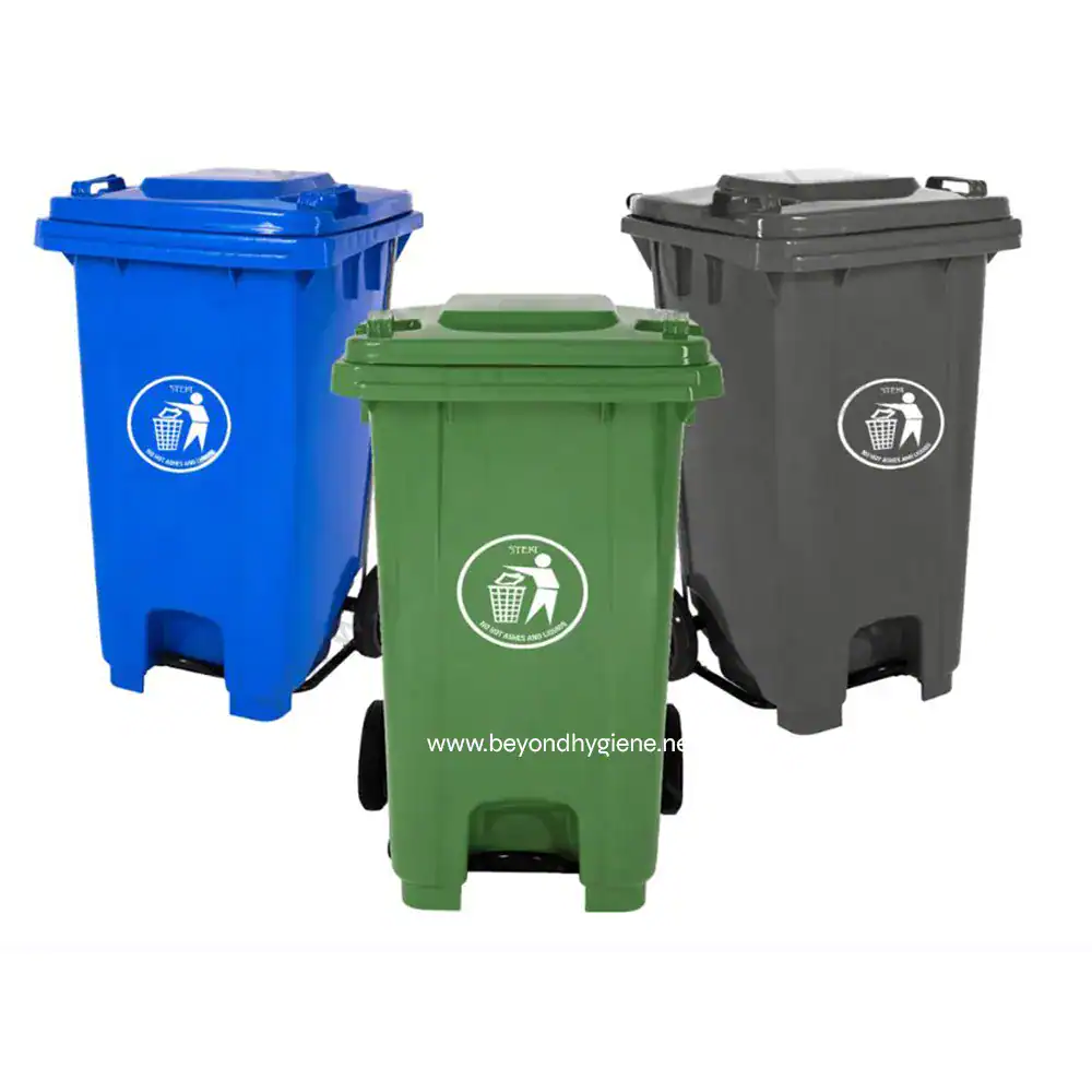 UGA-CB004FP-Group Blue, green, and black waste disposal bins for waste management and recycling.