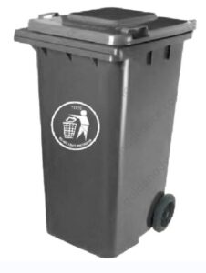 A professional waste collection bin for commercial or industrial use, durable and mobile with wheels, suitable for sanitation and hygiene management.