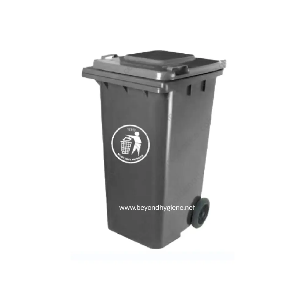 Used black trash bin with wheels for waste disposal in commercial and industrial settings. Designed for durability and ease of use, promoting hygiene and cleanliness in public hygiene environments.