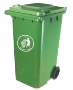 Green outdoor waste bin with a lid and wheels, featuring a recycling icon and environmentally friendly waste collection symbol. Ideal for waste management and sanitation solutions.