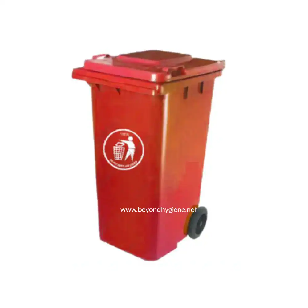 Red waste disposal bin with lid and wheels, eco-friendly trash receptacle for waste management in Asia.
