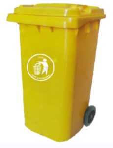 Yellow waste collection bin with lid and wheels, designed for efficient waste disposal in hygiene and sanitation settings.