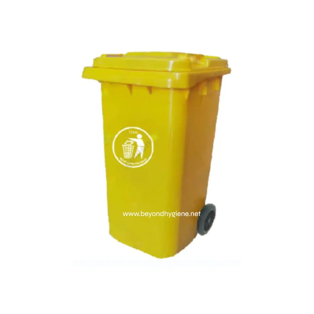 Yellow waste disposal bin with wheels for hygienic waste management and disposal. Ideal for commercial and industrial cleaning solutions, promoting sanitation and environmental safety.