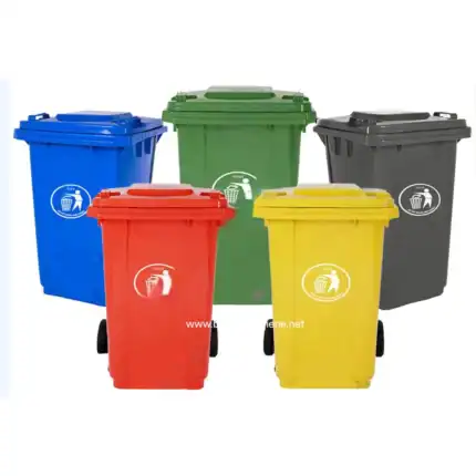 Blue, green, black, red, and yellow commercial waste bins for waste segregation and Sanitation services by Beyond Hygiene Asia.