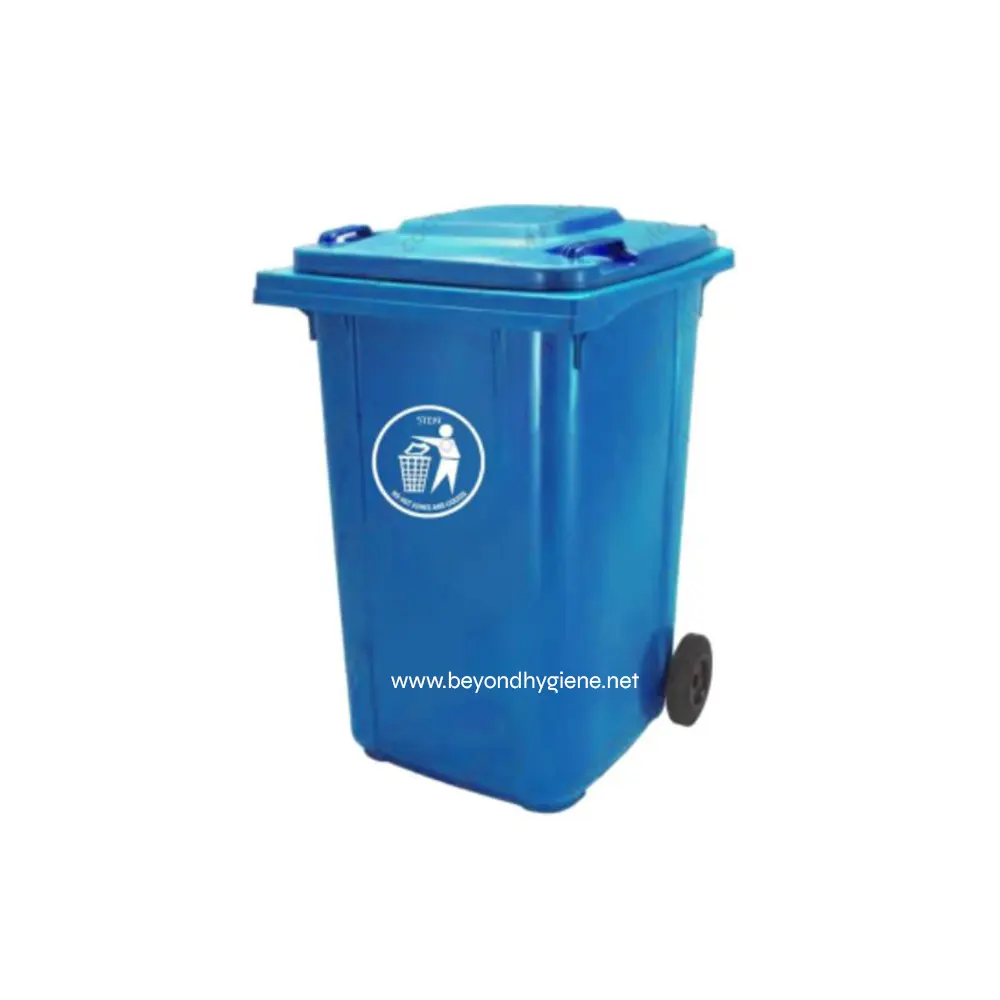 Blue outdoor trash bin for waste disposal, branded Beyond Hygiene Asia. Durable trash container with wheels, ideal for commercial and industrial sanitation, promoting cleanliness and hygiene.