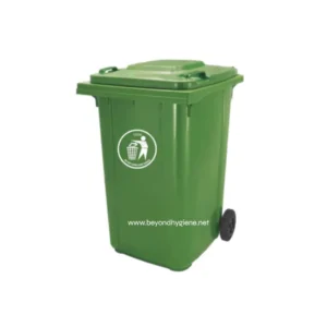 Green waste trash bin with a lid and wheels for commercial waste disposal.