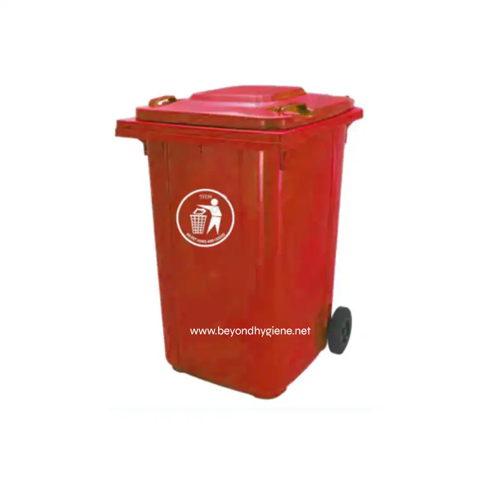 Red waste bin with lid, suitable for hygiene and waste management in commercial or healthcare settings.