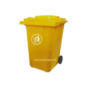 Yellow waste bin for garbage disposal with wheels and lid, sanitation and hygiene, Beyond Hygiene Asia.