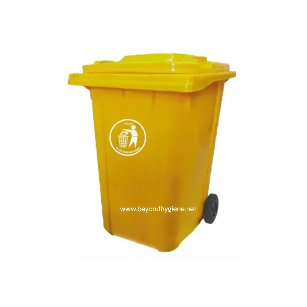 UGA-CB005YEL-600x848 Yellow waste bin for garbage disposal with wheels and lid, sanitation and hygiene, Beyond Hygiene Asia.
