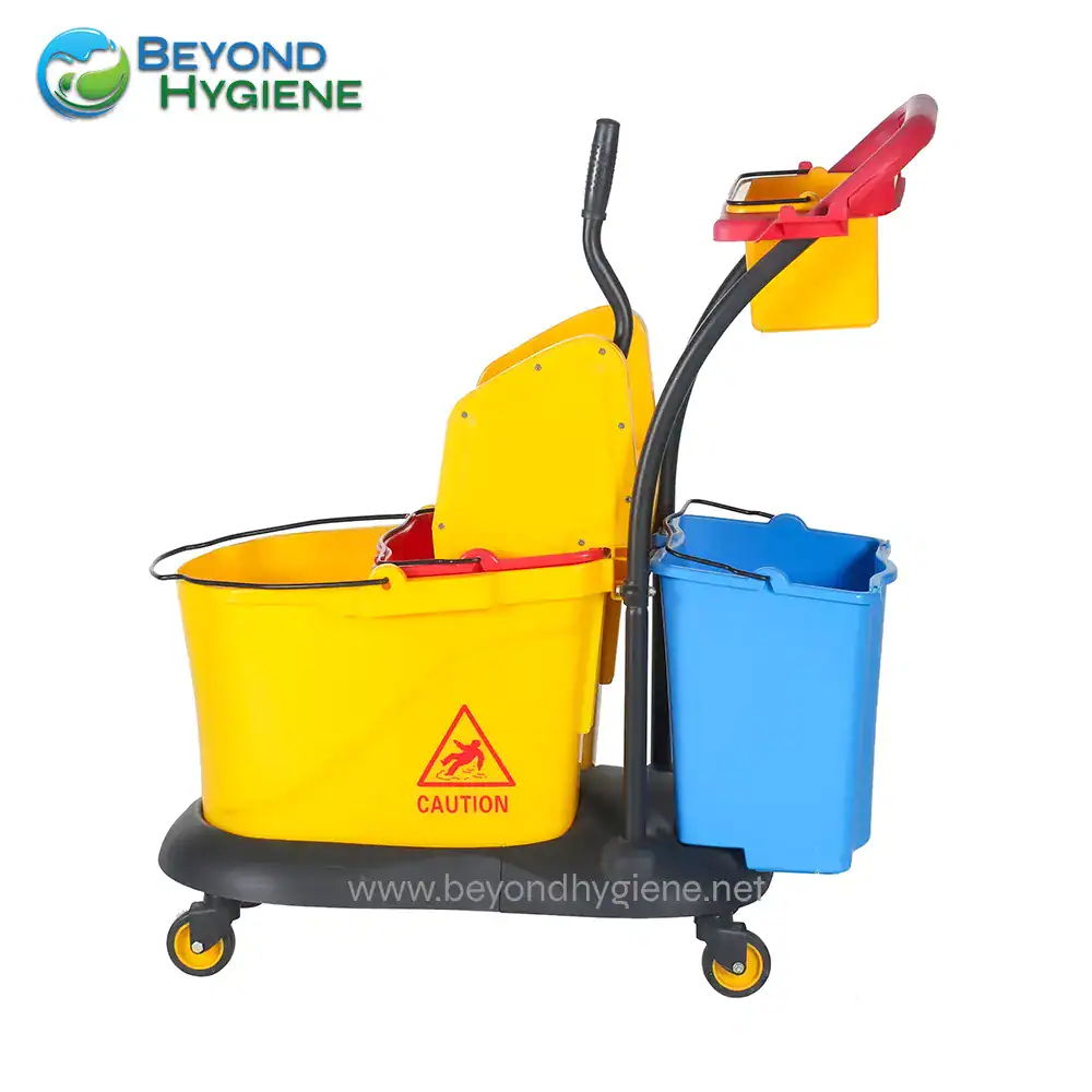 UGA-CB046-2 Yellow janitor cart with multiple compartments for cleaning supplies, including a mop bucket and waste bin. Perfect for professional cleaning and sanitation services.