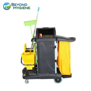 Disinfectant cleaning cart with mop and spray bottles, janitorial cleaning supplies for commercial hygiene, disinfecting equipment for janitorial services, Beyond Hygiene Asia cleaning trolley for professional sanitation.