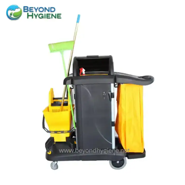 Disinfectant cleaning cart with mop and spray bottles, janitorial cleaning supplies for commercial hygiene, disinfecting equipment for janitorial services, Beyond Hygiene Asia cleaning trolley for professional sanitation.