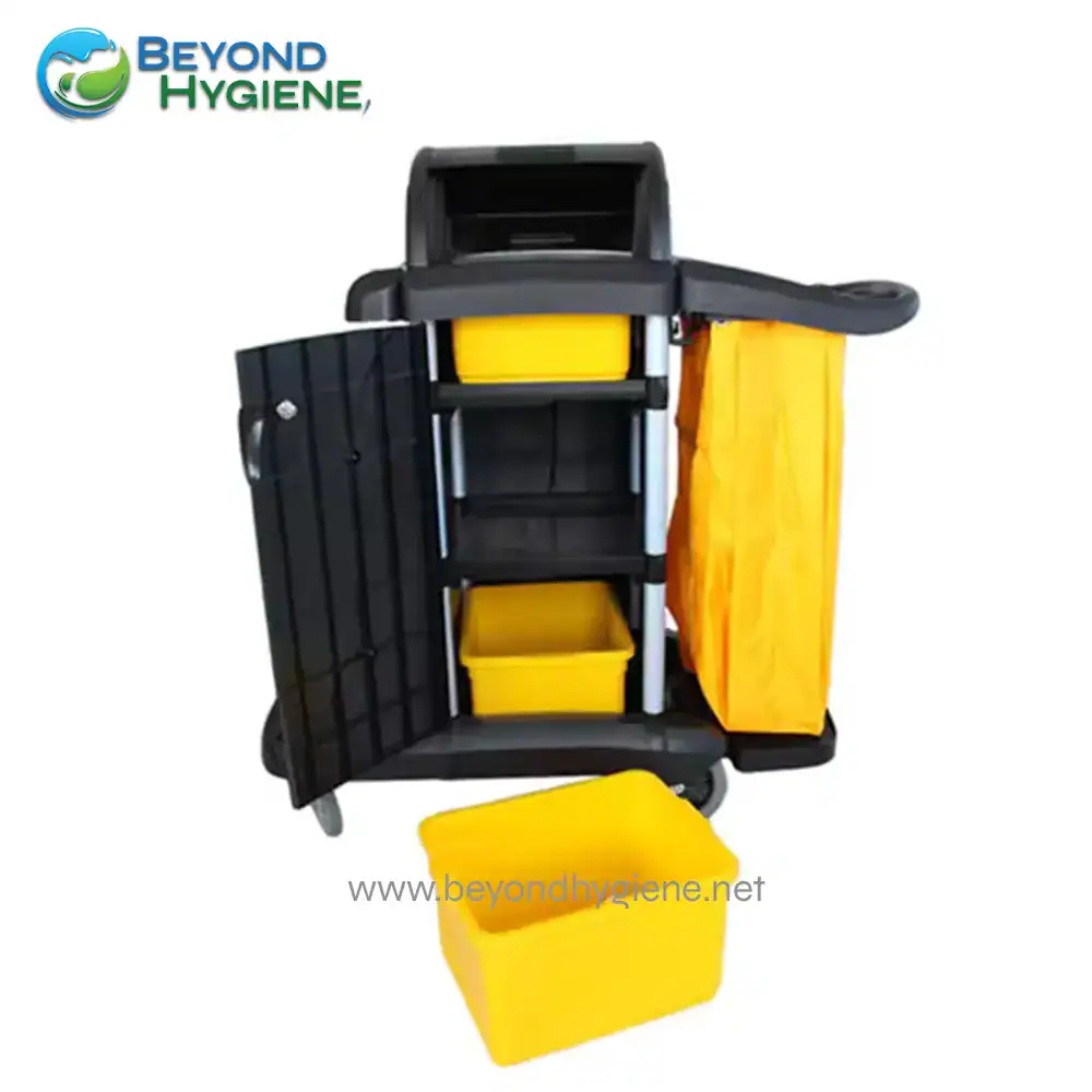 UGA-CBD011-2-3 Industrial cleaning cart with yellow storage bins, designed for commercial and janitorial cleaning services in Asia. Durable, mobile, and organized for efficient hygiene maintenance.