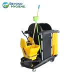 Disinfection cleaning cart with mop and cleaning supplies, used for sanitation and hygiene maintenance in commercial or healthcare settings.