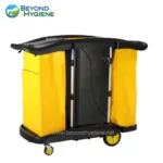 Pest control and cleaning cart with yellow containers, mobile disinfecting equipment for hygiene services.