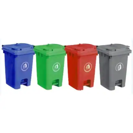 Blue, green, red, and gray waste bins for recycling and waste management at Beyond Hygiene Asia.