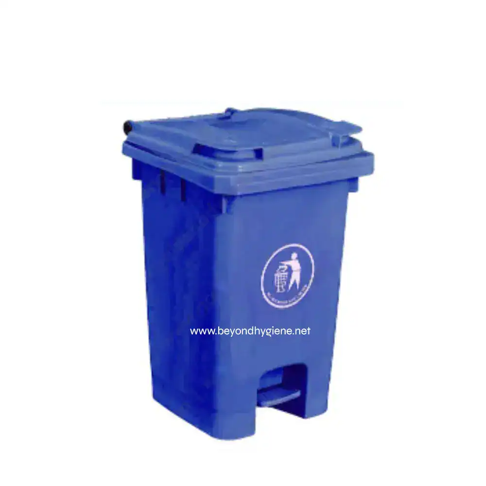 UGA-CBJY60FPBLUE Blue recycling bin for waste disposal, featuring Beyond Hygiene Asia branding, used for sanitary waste management and promoting hygiene standards in various facilities.