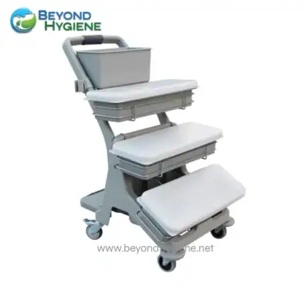 Medical sterilization trolley with multiple shelves for hygienic storage and transport. Ideal for healthcare settings needing reliable sterilization and cleaning solutions.