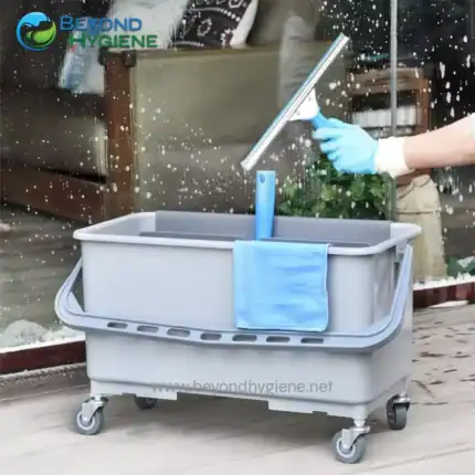 Durable hospital cleaning mop bucket with wringer on wheels for efficient sanitizing. Perfect for healthcare, commercial, and industrial cleaning needs to ensure hygiene and safety.