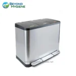 Touchless trash bin with foot pedal, stainless steel, modern disposal receptacle, sanitation hygiene, Beyond Hygiene Asia branding, public restroom trash can, durable and hygienic waste management solution, automatic waste disposal, commercial hygiene equipment.