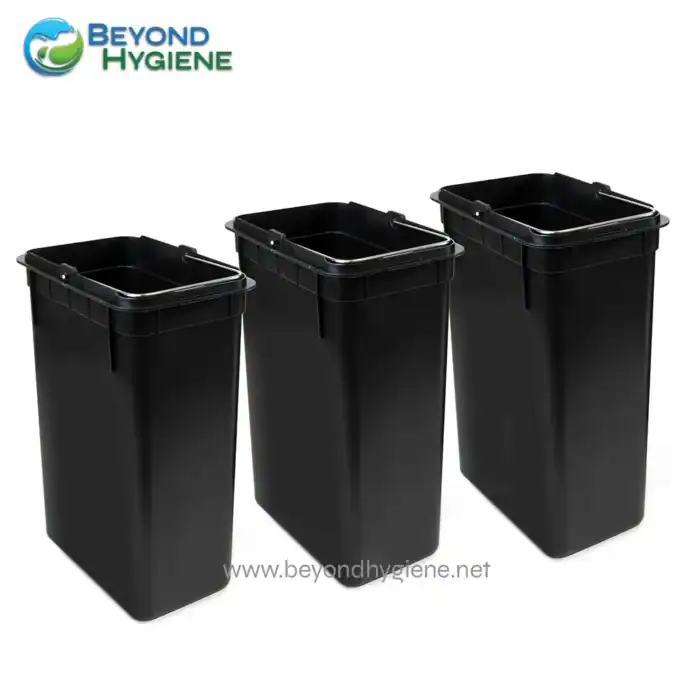 Black trash bins for waste management, commercial recycling bins, modern waste disposal containers for offices and industries.