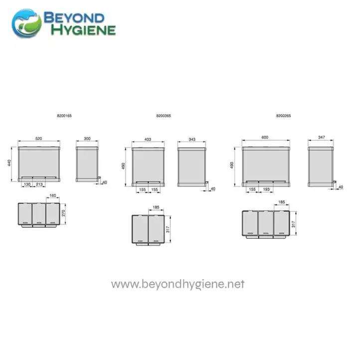 Cabinet technical drawing with dimensions for hygiene storage solutions by Beyond Hygiene Asia.