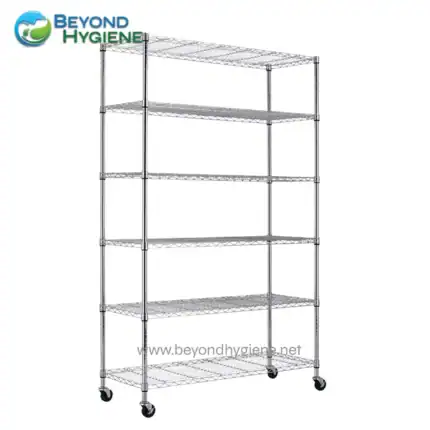Stainless steel rolling wire shelving unit ideal for commercial storage and organization in hygiene-conscious environments.