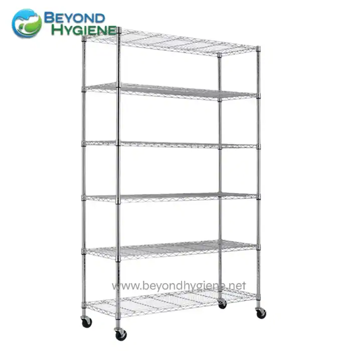Stainless steel rolling wire shelving unit ideal for commercial storage and organization in hygiene-conscious environments.