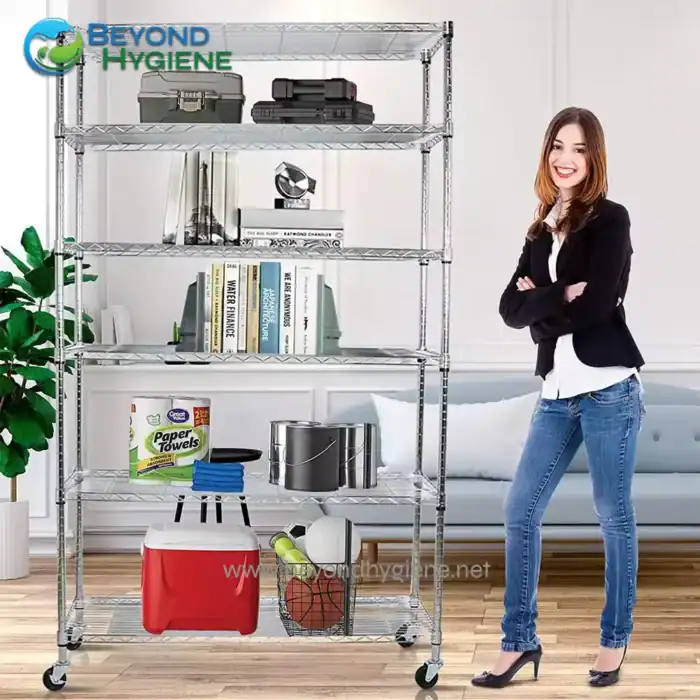 Cleaning supplies on metal shelving unit at Beyond Hygiene Asia.