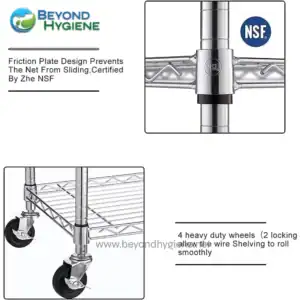 NSF-certified stainless steel trolley with locking heavy-duty wheels for seamless mobility and workspace organization in commercial cleaning and hygiene environments.