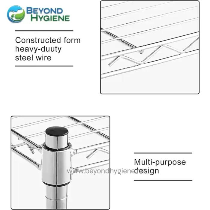 Heavy-duty steel wire construction for durable industrial shelving.