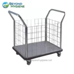 Metal cleaning trolley with wire baskets for hospital, healthcare, or commercial cleaning. Durable and mobile cleaning cart for efficient sanitation and hygiene management.