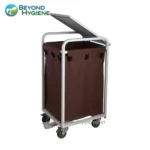 Refurbished trolley cart with brown fabric bag for hospital or janitorial cleaning, mobility and sanitation supplies.