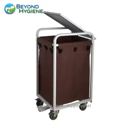 Refurbished trolley cart with brown fabric bag for hospital or janitorial cleaning, mobility and sanitation supplies.