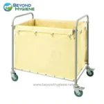 Cleansing utility laundry cart with beige fabric side panels, industrial hygiene equipment, mobility wheels, used for hospital, healthcare, or commercial cleaning sanitation.