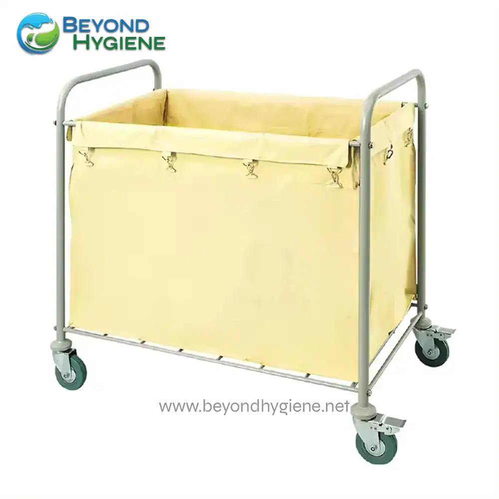 Cleansing utility laundry cart with beige fabric side panels, industrial hygiene equipment, mobility wheels, used for hospital, healthcare, or commercial cleaning sanitation.