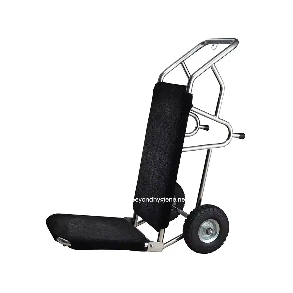 UGA-HM7502G-03 Sani-Wheel transport trolly with padded back support, suitable for medical and sanitation purposes, durable wheels, and ergonomic design.